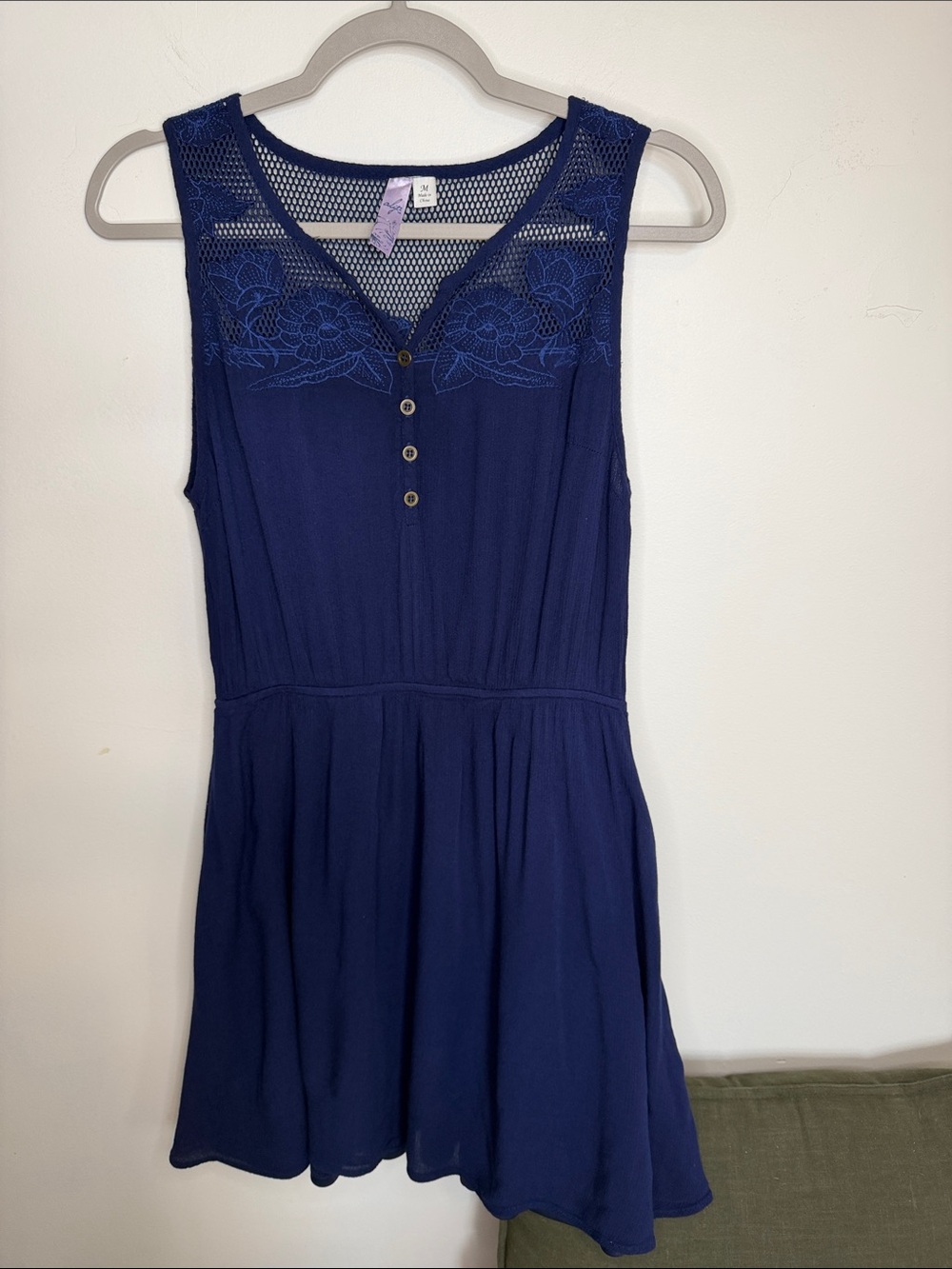 Alya Navy Blue Lace Yoke Sleeveless Midi Dress